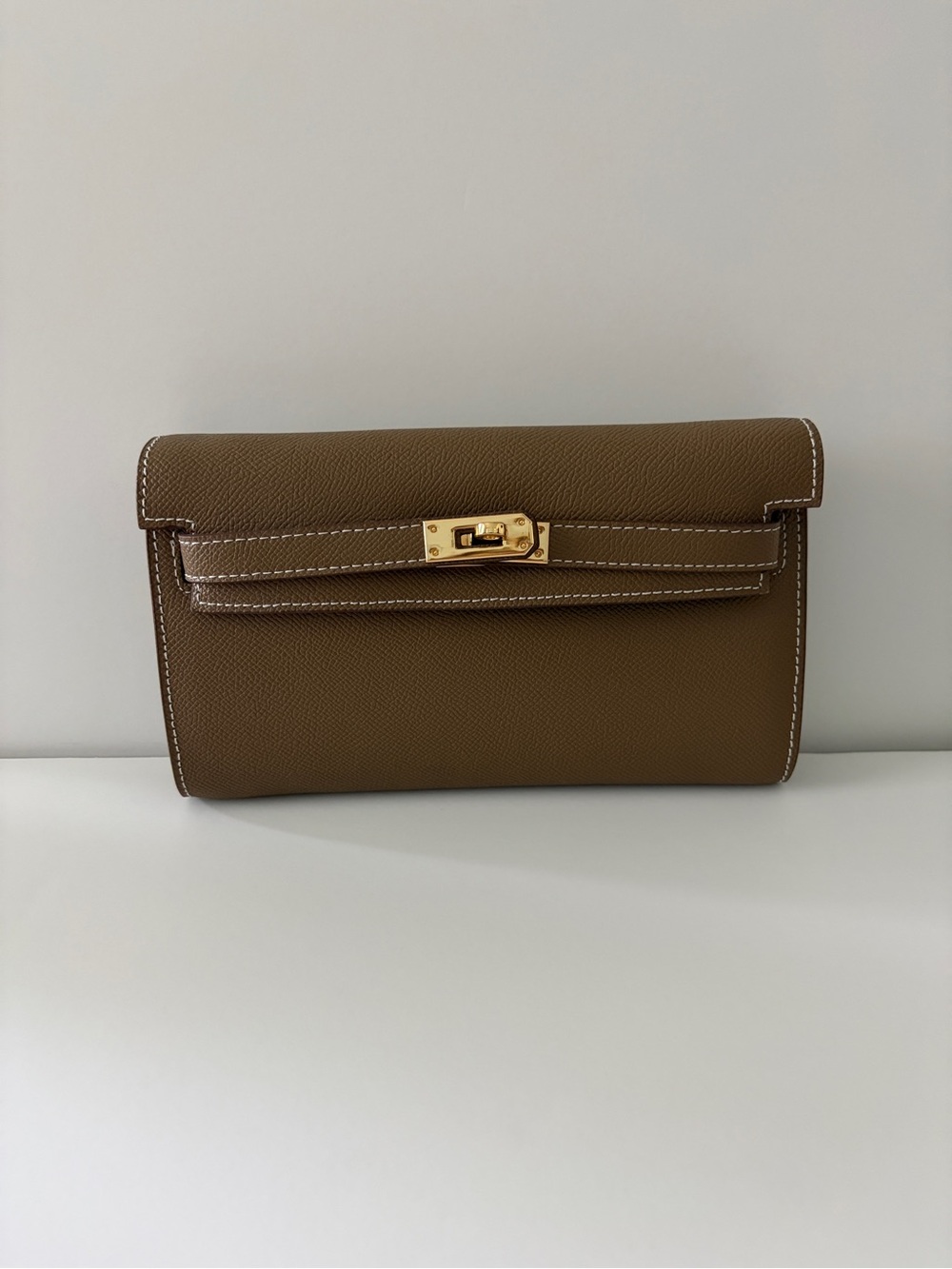 Taupe Kelly-Inspired Crossbody Wallet Purse with Gold Turn Lock